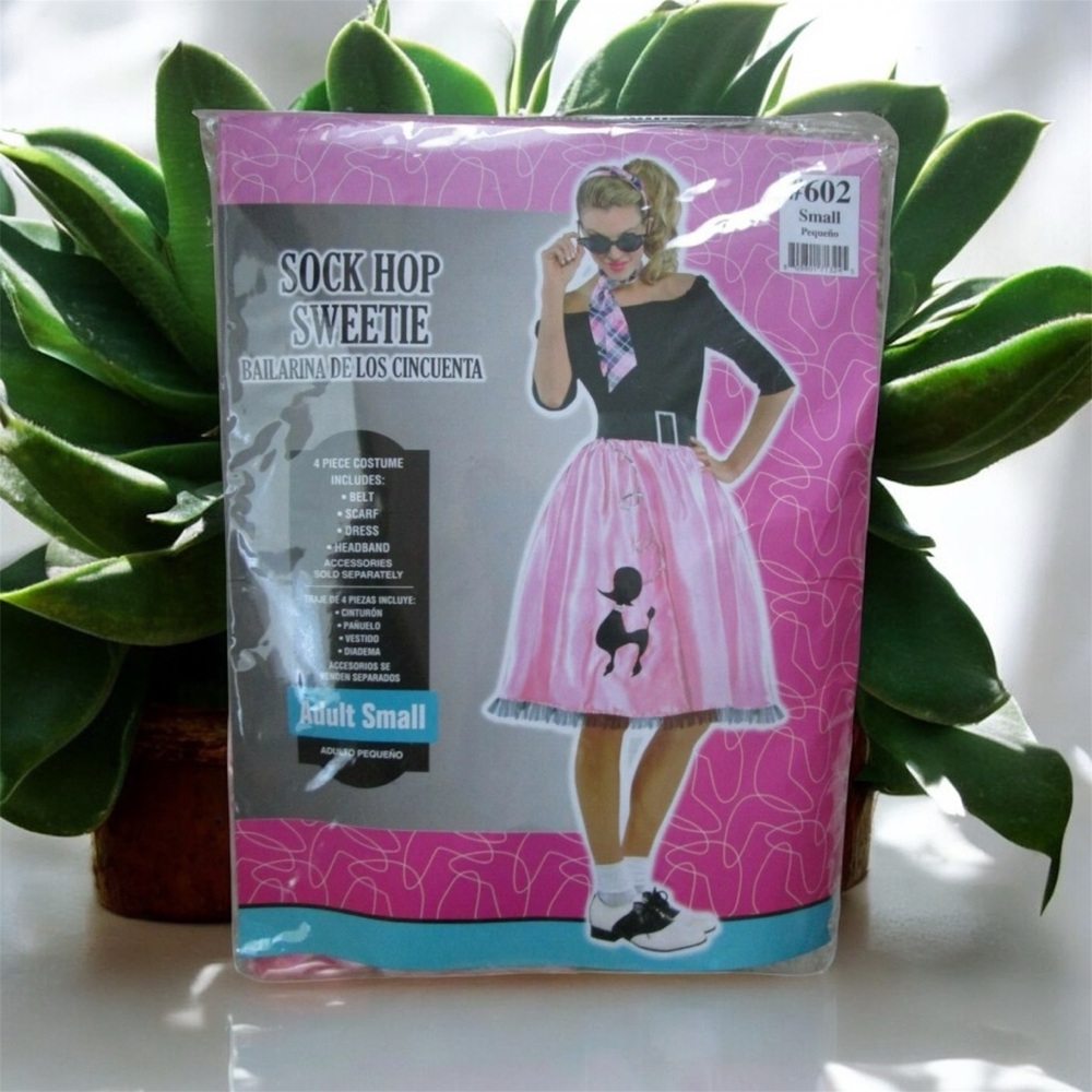 Sock Hop Sweetie Costume Pink Skirt Black Poodle. Scarf. Belt. Headband. NIP S